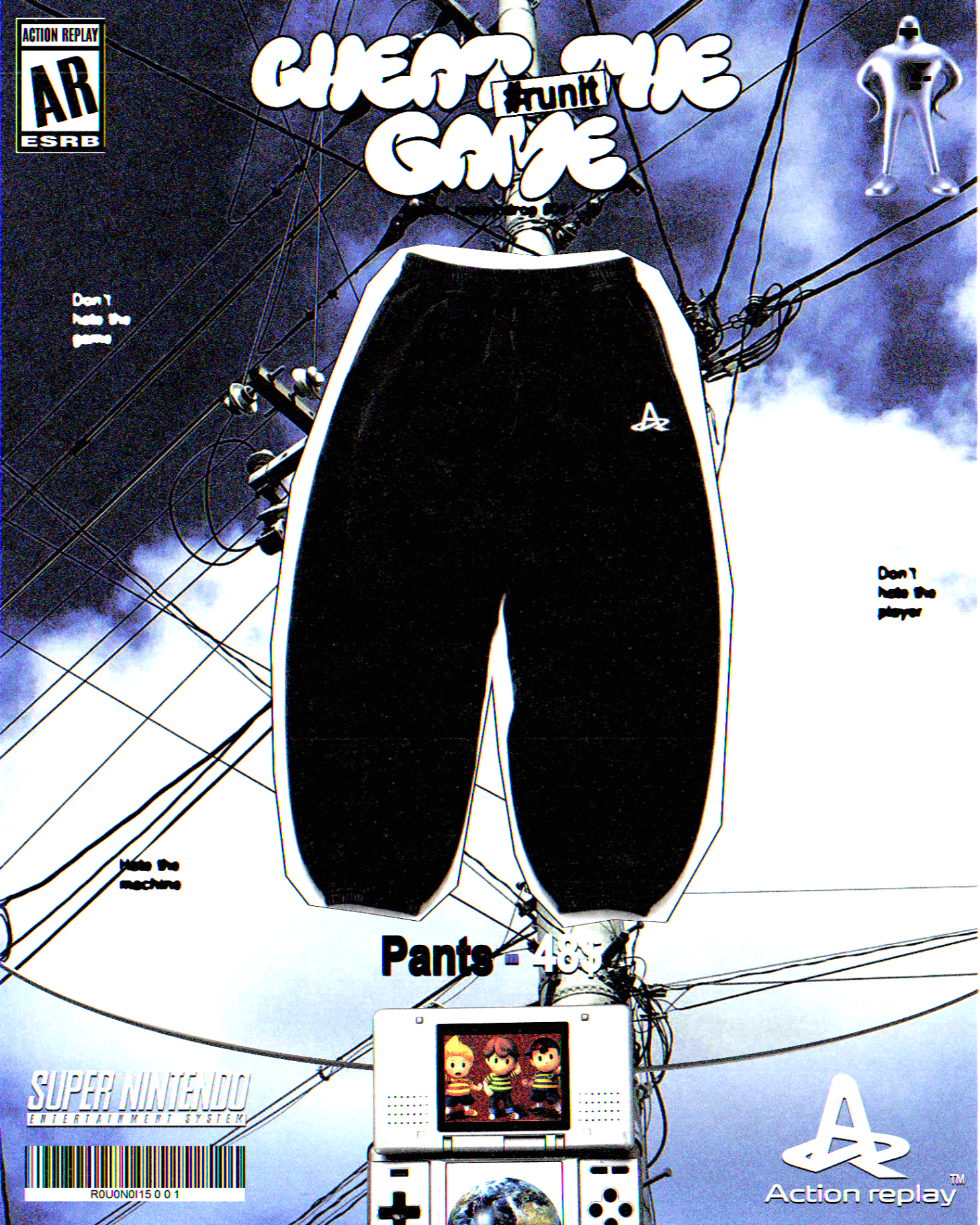 Action Replay sweatpants poster with power-line background and oversized product spotlight styling.