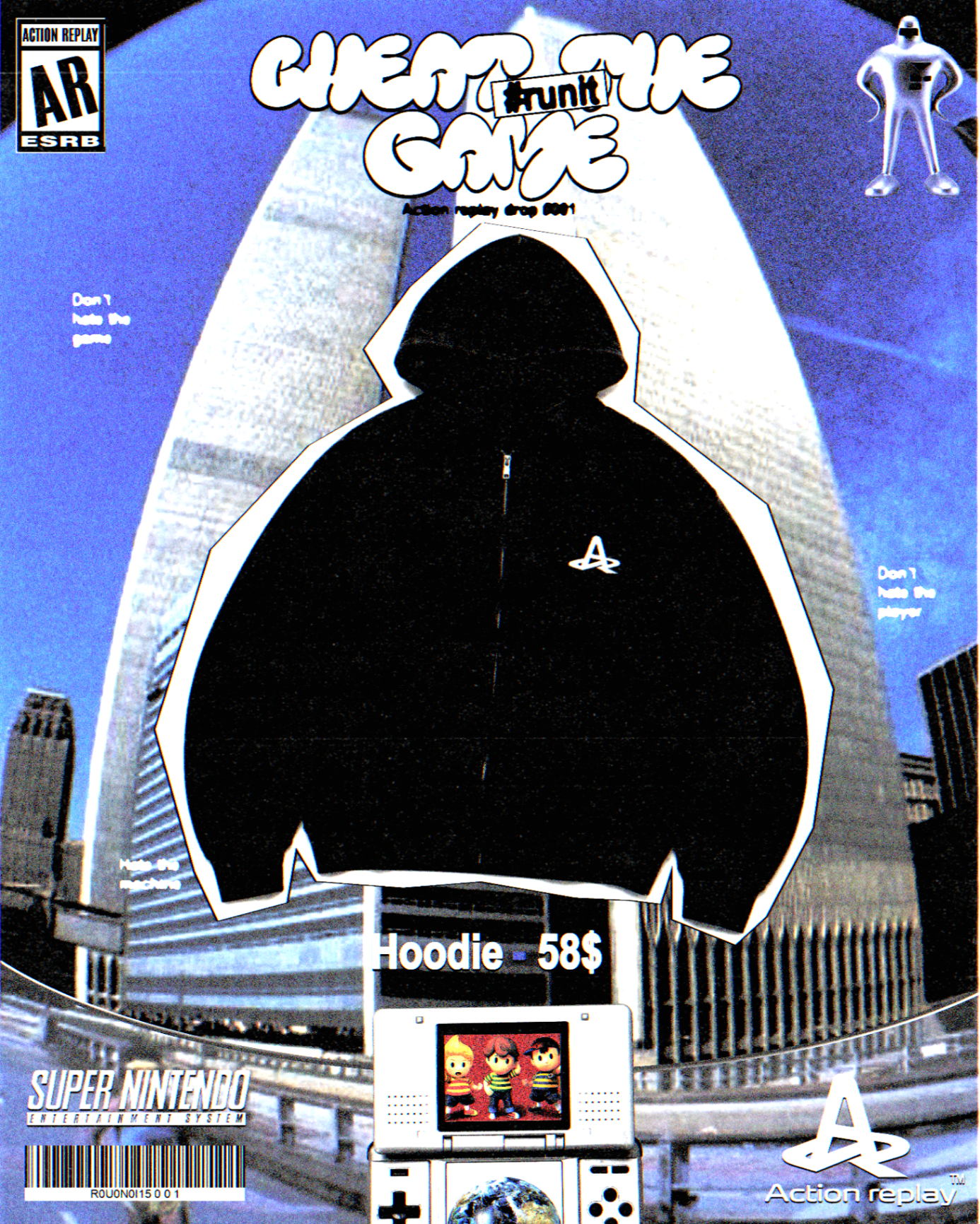 Action Replay zip hoodie poster with skyline backdrop and arcade-inspired campaign treatment.