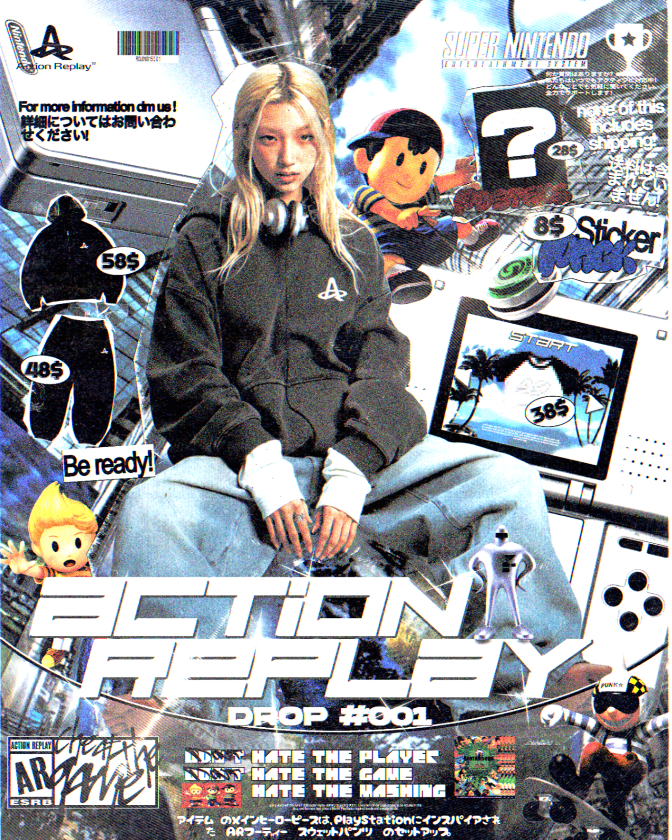 Action Replay drop #001 campaign poster with a seated model, gaming references, and product callouts.