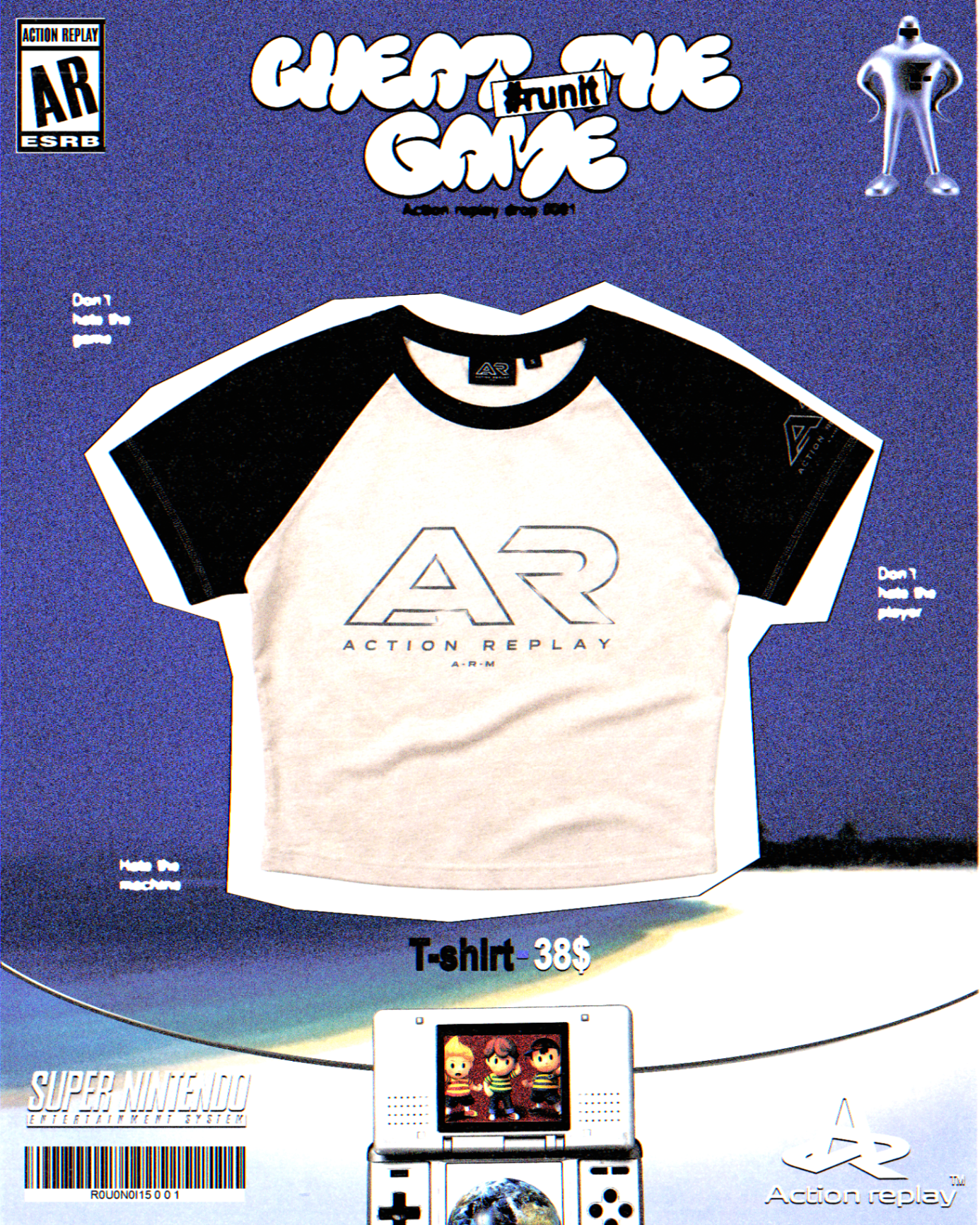 Action Replay cropped shirt poster with blue game-style layout and product spotlight treatment.