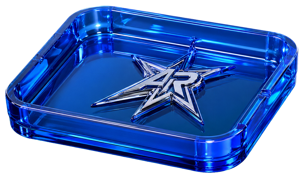 Transparent cutout of a translucent blue Action Replay tray with chrome star emblem.