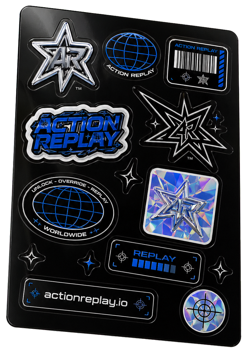 Transparent cutout of an Action Replay sticker sheet with chrome star, globe, barcode, and blue vinyl stickers.