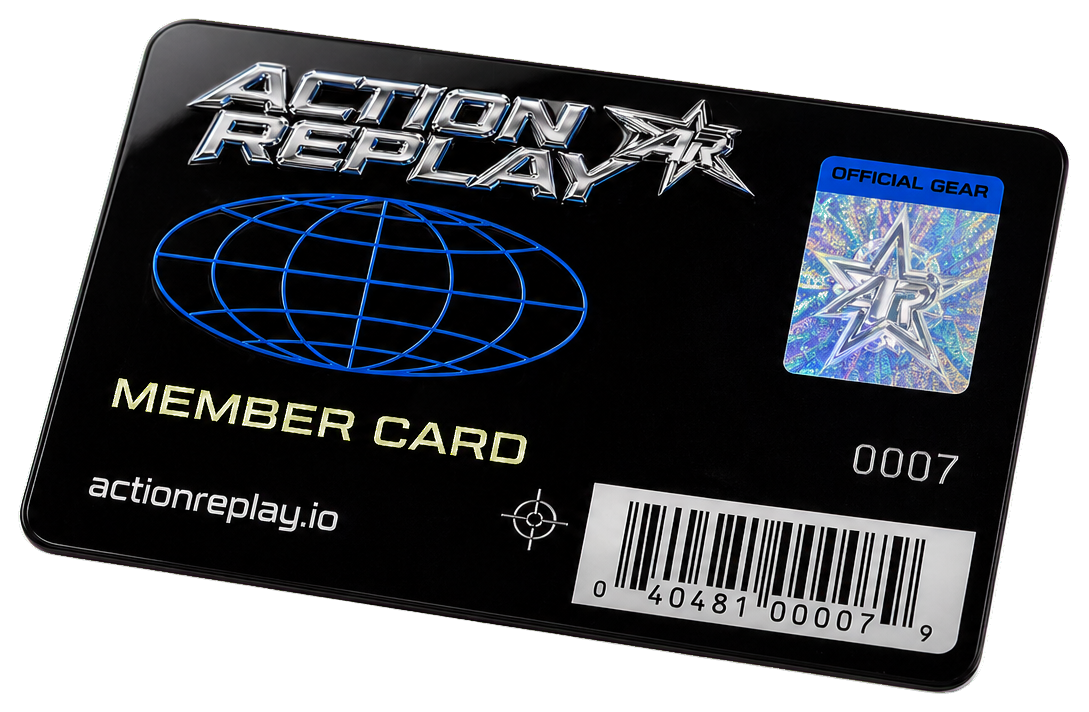 Transparent cutout of a black Action Replay member card with blue globe, barcode, and holographic sticker.
