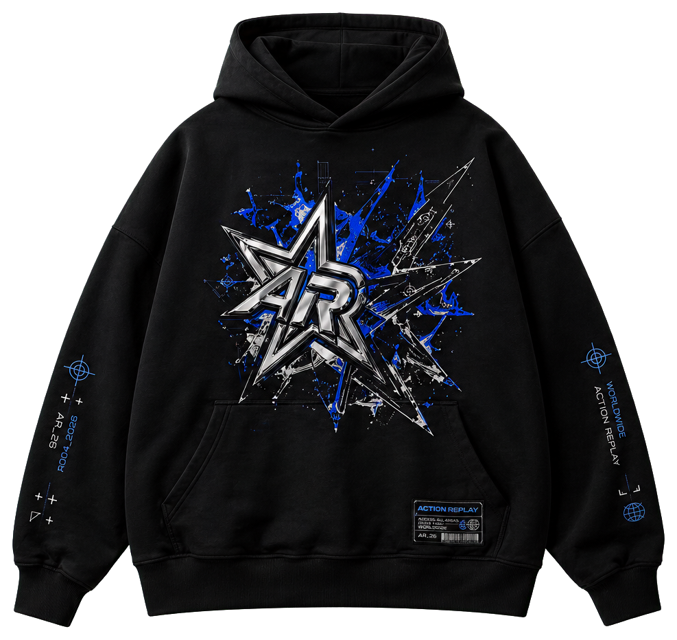 Transparent cutout of a black Action Replay hoodie with chrome star and blue cyber graphics.