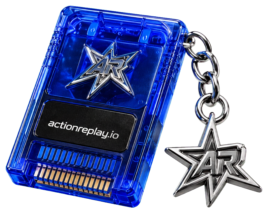 Transparent cutout of a blue Action Replay cartridge charm with chrome star and chain.