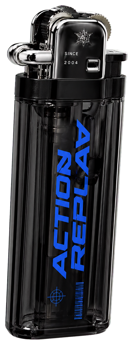Transparent cutout of a smoke-black Action Replay lighter with blue vertical lettering.
